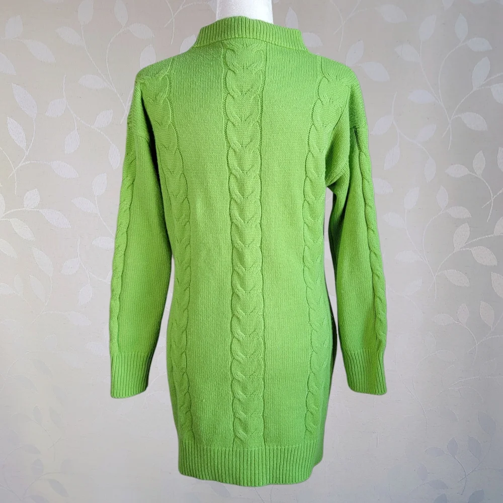 Lime Green Cable Knit Sweater Dress Crew Neck Long Sleeve Size M - Picture 5 of 9